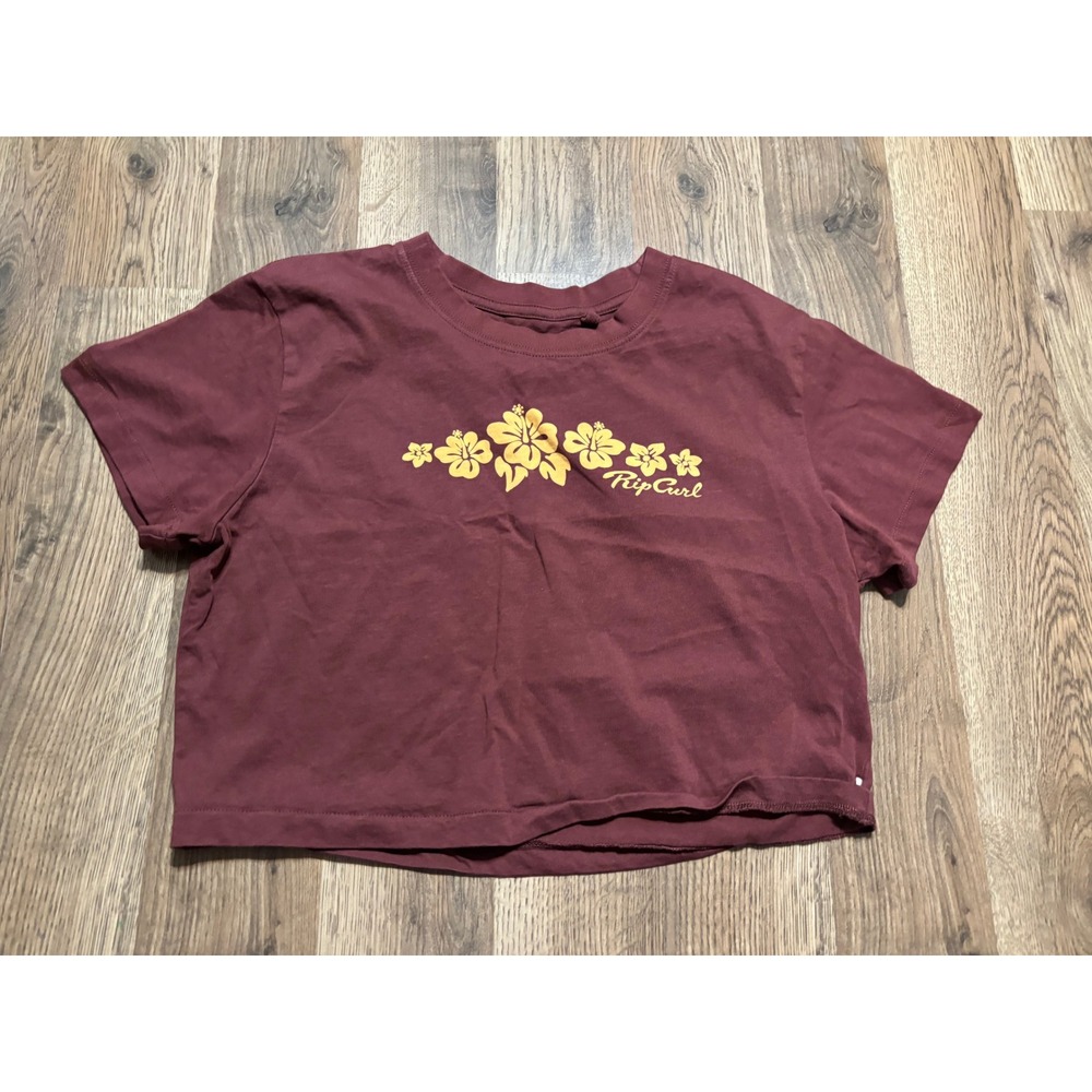 Rip Curl Shirt Women Size XL Burgundy Crop Top Hibiscus Graphic Floral Surf